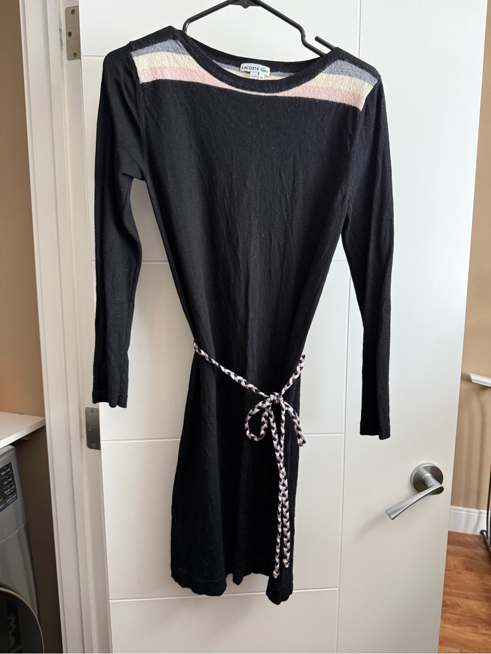 Lacoste Black Long Sleeve Knit Dress with Pastel Stripe belt